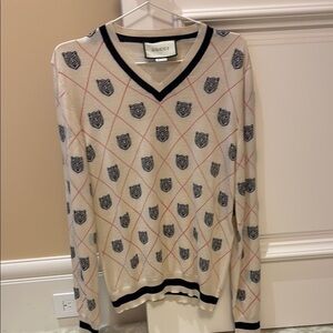 Gucci Cream V-Neck Sweater with Heart Pattern